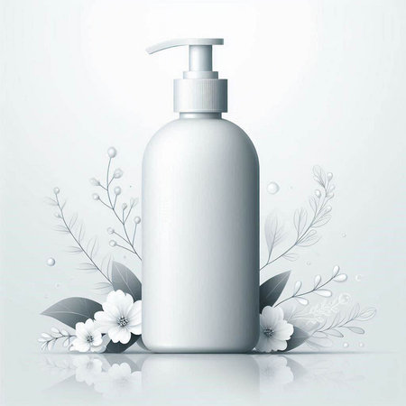 White cosmetic bottle with floral elements on white background. Vector illustration.のイラスト素材