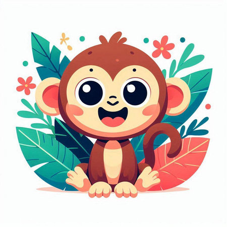 Cute cartoon monkey sitting among tropical leaves and flowers. Vector illustration.のイラスト素材