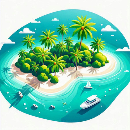 island with palm trees and boats on the beach, vector illustrationのイラスト素材