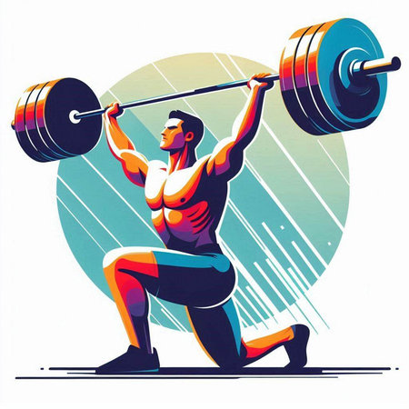 Fitness man lifting a barbell. Vector illustration in retro styleのイラスト素材