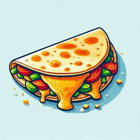 Illustration of a tortilla with melted cheese and vegetables on a blue backgroundのイラスト素材