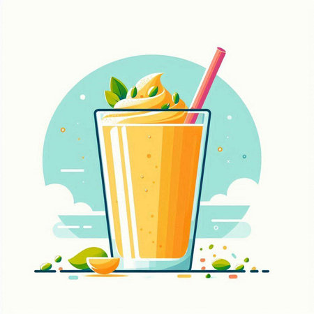 Mango smoothie in a glass with a straw. Vector illustration.のイラスト素材