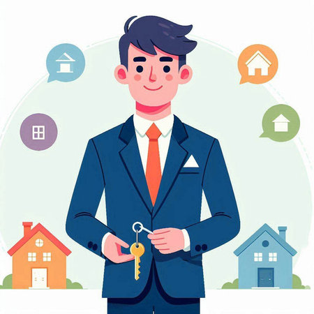 Real estate agent holding keys to new house. Vector illustration in cartoon styleのイラスト素材