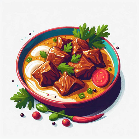 Illustration of a bowl of beef stewed with vegetables, parsley and chili pepper.のイラスト素材