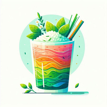 Colorful smoothie in a glass with green leaves. Vector illustration.のイラスト素材