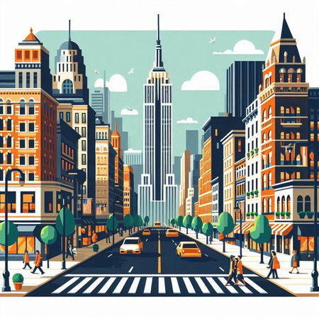 New York City street with skyscrapers and traffic. Vector illustration.のイラスト素材