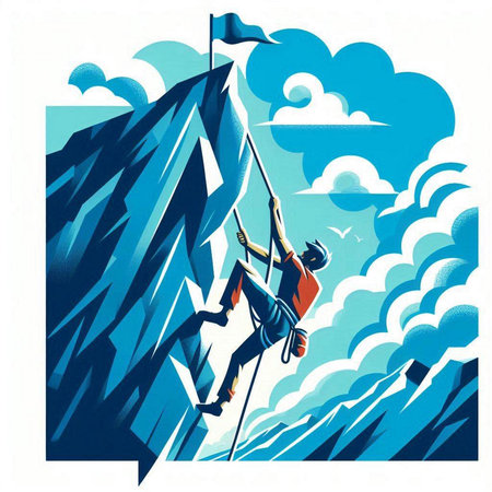 illustration of a man climbing a wall on a background of cloudsのイラスト素材