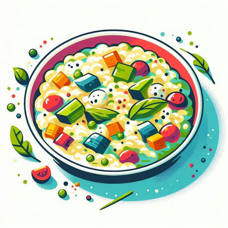 Vector illustration of a bowl of rice porridge with vegetables and greensのイラスト素材