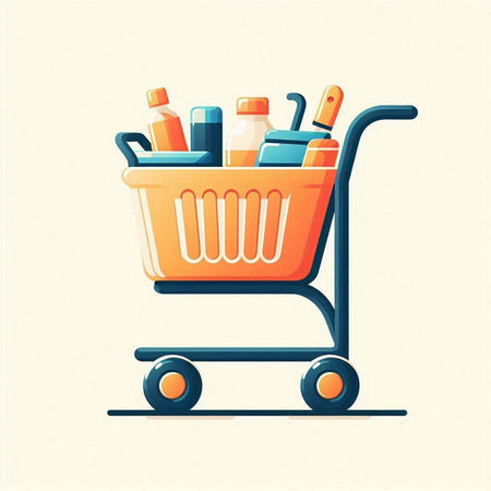 Shopping cart full of products. Vector illustration in flat style.のイラスト素材