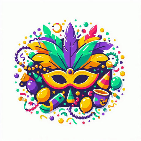 Mardi gras mask with colorful feathers and beads. Vector illustration.のイラスト素材