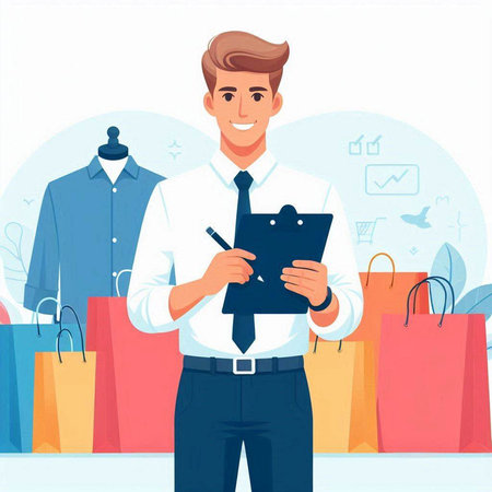 Handsome man in shirt and tie with shopping bags. Vector illustration.のイラスト素材
