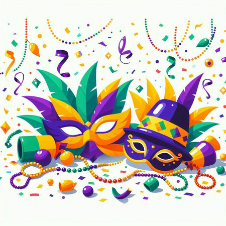 Mardi gras background with masks and confetti. Vector illustration.のイラスト素材