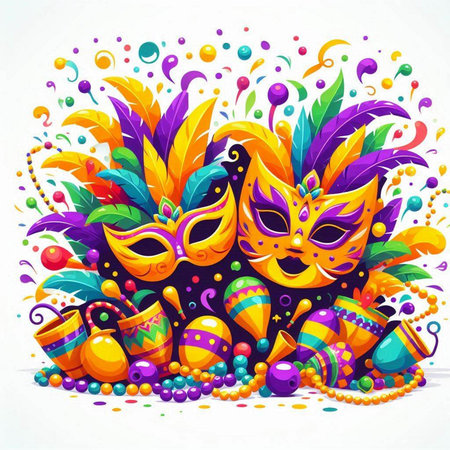 Mardi Gras background with carnival masks and beads. Vector illustration.のイラスト素材