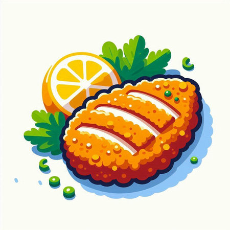 Fried chicken fillet with lemon and parsley. Vector illustrationのイラスト素材