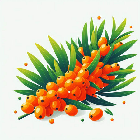 Sea buckthorn branch with berries and leaves. Vector illustration.のイラスト素材
