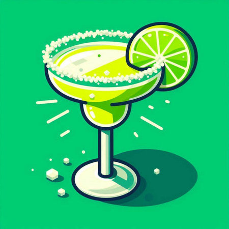 Cocktail with lime on green background. Vector illustration in cartoon style.のイラスト素材