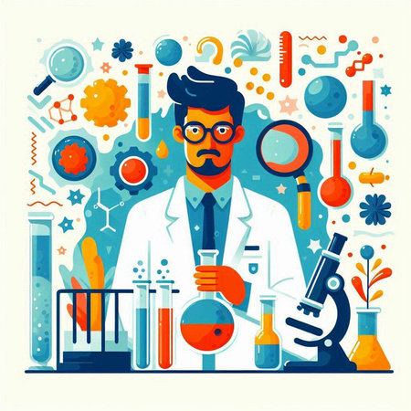Scientist in laboratory. Flat style vector illustration. Medical research and development.のイラスト素材