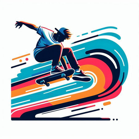 Skateboarder jumping on a colorful background. Vector illustration.のイラスト素材
