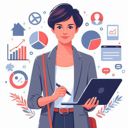 Business woman working on laptop. Vector illustration in a flat style.のイラスト素材