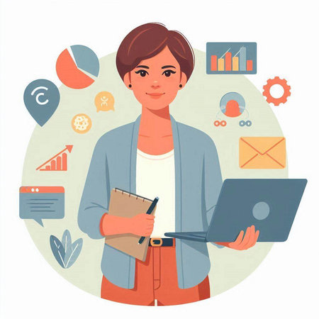 Young business woman with laptop and documents. Vector illustration in flat styleのイラスト素材