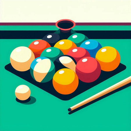 Billiard balls and cue on a green table. Vector illustration.