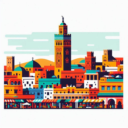 Koutoubia Mosque in Marrakech, Morocco. Colorful vector illustration.のイラスト素材