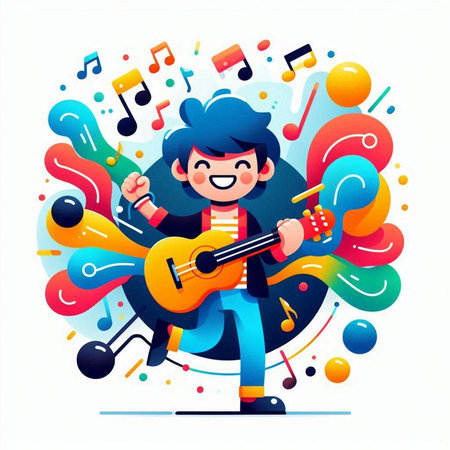 Vector illustration of a boy playing guitar on colorful background with musical notesのイラスト素材