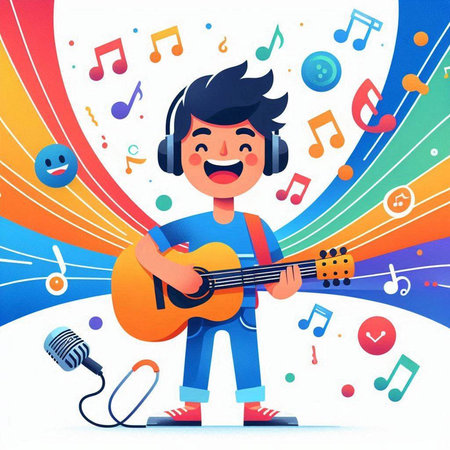 Vector illustration of a boy with a guitar and headphones on colorful backgroundのイラスト素材