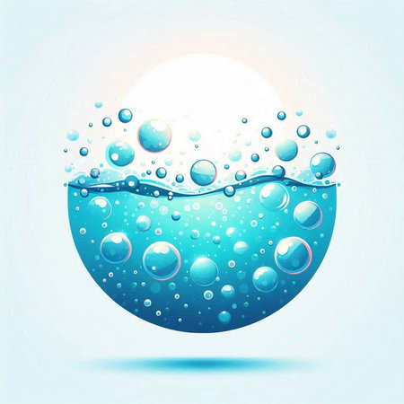 Blue water with bubbles and sun on a blue background. Vector illustration.のイラスト素材
