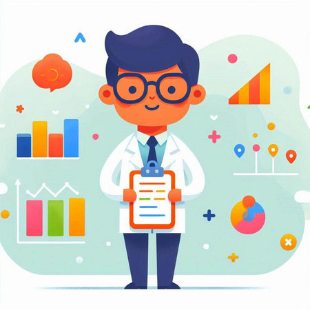 Scientist in white coat and glasses. Vector illustration in flat styleのイラスト素材