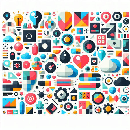Colorful abstract geometric background with flat icons and symbols. Vector illustration.