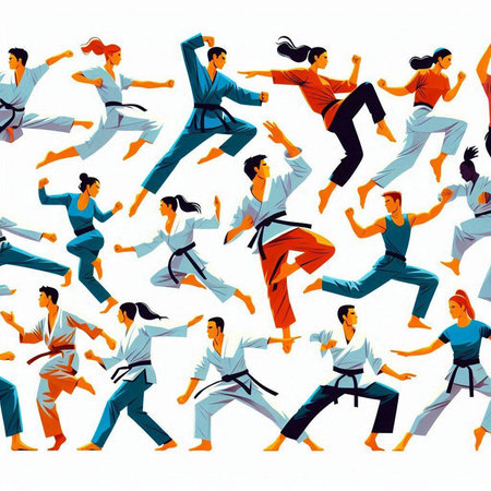 Seamless pattern with karate poses. Vector illustration in cartoon style.のイラスト素材