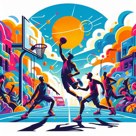 Basketball players playing basketball on street. Vector illustration in retro styleのイラスト素材