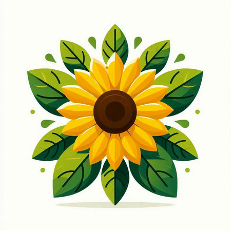 Sunflower icon with leaves isolated on white background. Vector illustration.のイラスト素材
