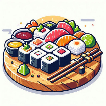 Illustration of sushi set on a wooden board. Vector illustration.のイラスト素材