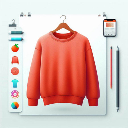 Red sweater hanging on a hanger with stationery. Vector illustration.のイラスト素材