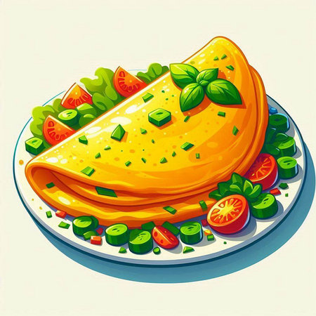 Illustration of omelette with fresh vegetables on a plate.のイラスト素材