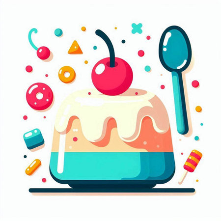 Cake with cherry and ice cream on white background. Vector illustration.のイラスト素材