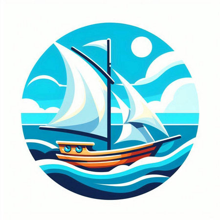 Sailing boat on the sea. Vector illustration in cartoon style.のイラスト素材