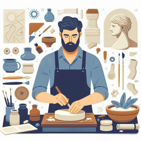 Handsome male potter making ceramic pottery. Vector illustration.のイラスト素材