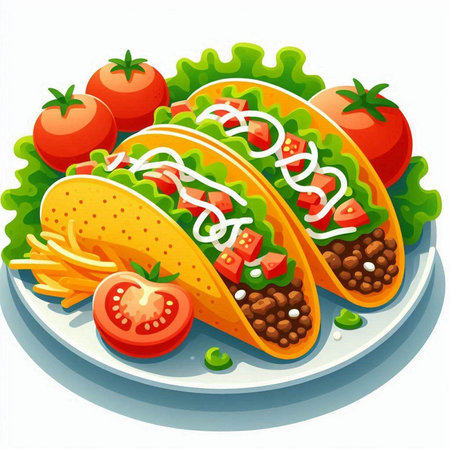 Tacos with tomato and lettuce on a plate. Vector illustration.のイラスト素材