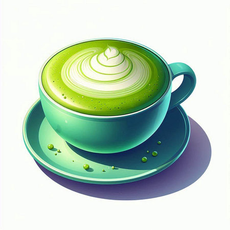 Green tea cup with matcha latte art. Vector illustration.