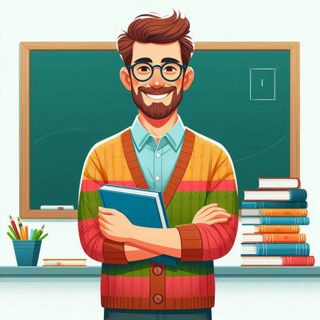 Teacher in front of the blackboard. Vector illustration in cartoon styleのイラスト素材