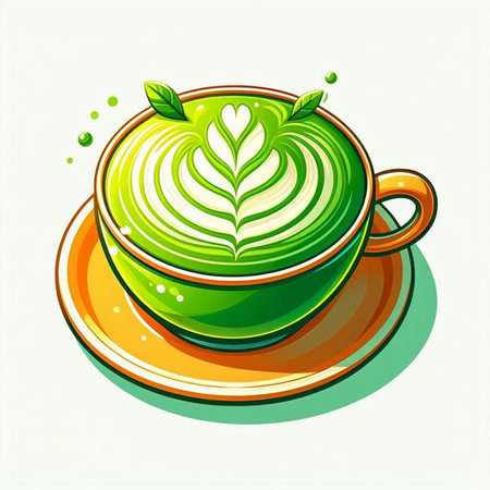 Cup of green tea with latte art. Vector illustration.のイラスト素材