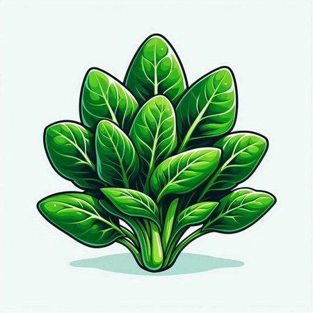 Illustration of a bunch of spinach leaves on a white background.