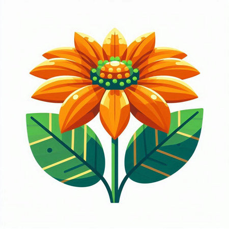 Orange flower with green leaves. Vector illustration isolated on white background.のイラスト素材