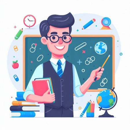 Male teacher at blackboard. Back to school. Vector illustration in cartoon styleのイラスト素材