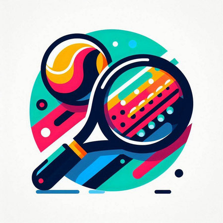 Tennis racket and ball icon with colorful geometric background. Vector illustration.のイラスト素材
