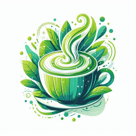 Coffee cup with green leaves on white background. Vector illustration.のイラスト素材