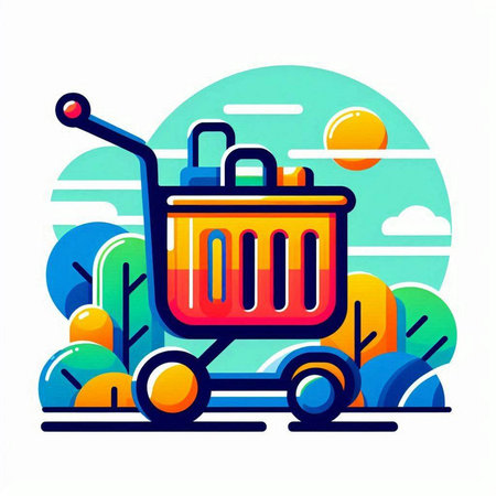 Vector illustration of shopping cart in flat style on the background of the landscape.のイラスト素材